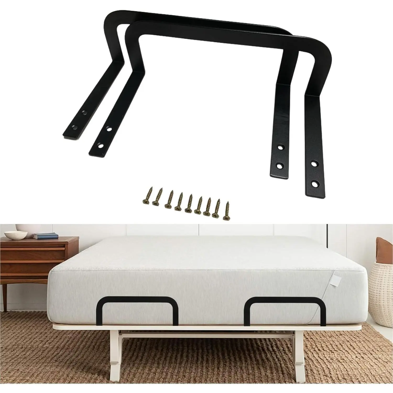 2-Pcs Matte Black L-Shaped Metal Mattress Holder – Low-Profile Steel Bed Frame Stabilizer with Screws, 10.35x3.54 Inch,to Stop Mattress Sliding (Fits Mattress Height >3.54in)