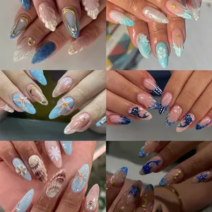 Ocean-Style Wearable Nails Set (144 Pieces), Long Almond Shape 3D Gel Nail Art, Whale Shell Starfish Floral Designs, Includes Jelly Pad & File, Flower Nails, Almond Fake Nails