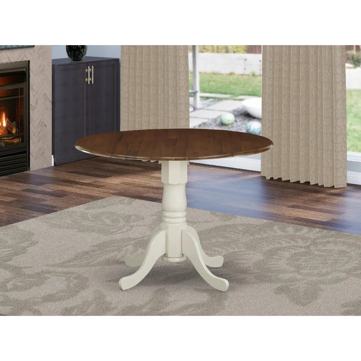 East West Furniture  42 in. Dublin Round Rubber Wood Walnut Dining Table with Two 9 in. Drop Leaves & Linen White Pedestal