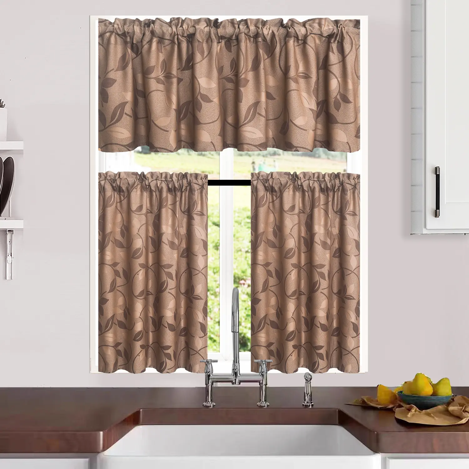 Classic Gold Rod Pocket Faux Silk Sheer Drape Set - 3 Panels, 2 Tiers (26x36in Each), 1 Valance (52x16in), Leaf Pattern, Stain Resistant, Good Wear Resistance, Machine Washable, for Kitchen, Cafes