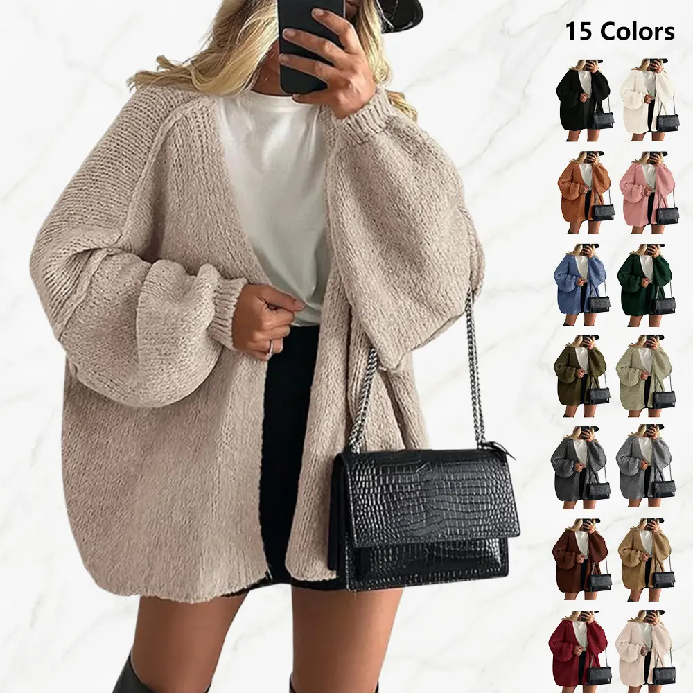 Women’s loose cardigan sweater made of polyester fiber, a warm and stylish outerwear piece with a front button closure and a relaxed fit, suitable for cold weather and casual wear.