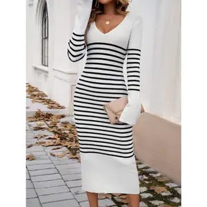 Devine Striped V-Neck Long Sleeve Sweater Dress