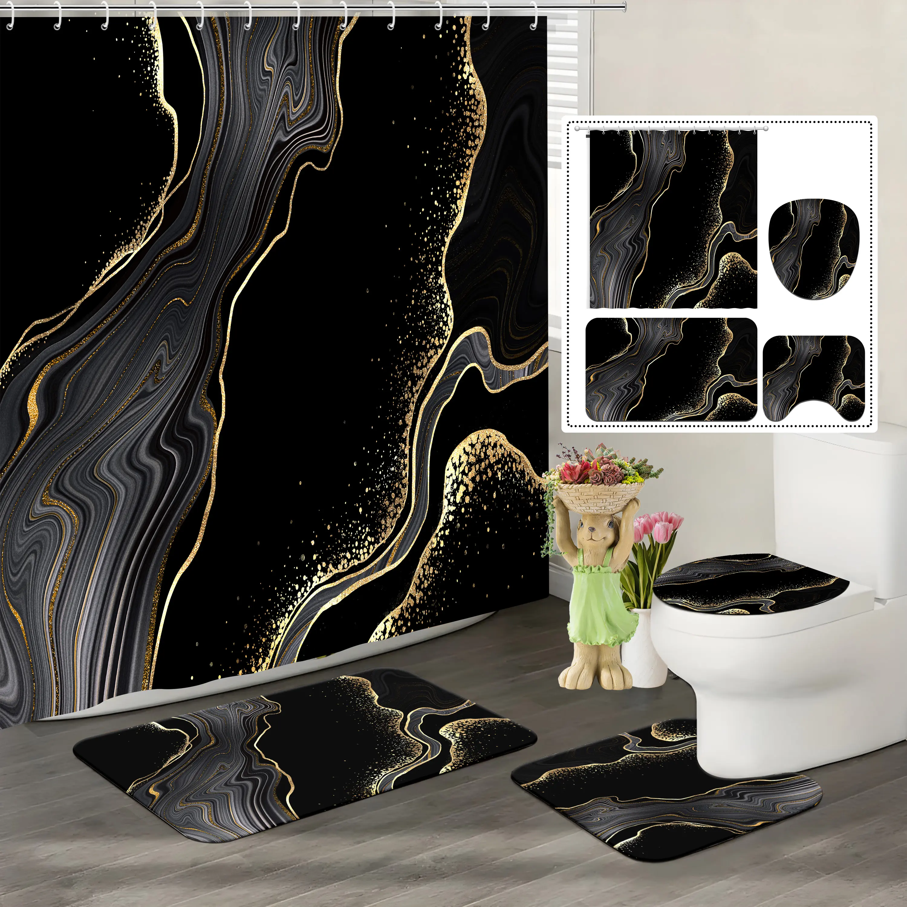 Black Marble 4-Piece Polyester Shower Curtain Set with Gold Accents, Rugs, Toilet Cover & Modern Abstract Bathroom Decor Accessories