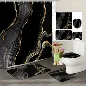 4 Pcs Black Marble Shower Curtain Sets with Rugs Gold Bathroom Sets with Shower Curtain and Rugs Modern Abstract Bathroom Decor Accessories