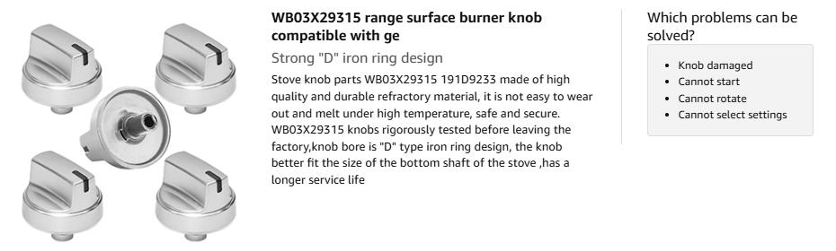 WB03X29315 Knob Compatible with ge Stove Knobs Replacements,Fit Models JGP5030SLSS JGP5036SLSS JGP5030SL1SS JGP5036SL1SS, Cooktop Knobs Replacements Gas Range Oven Surface Burner Control Knob 5Pcs