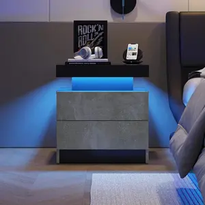 Gray Modern LED Storage Nightstand - 2 Storage Drawers, Built-In Lighting, Indoor Bedroom Bedside Table Cabinet, Side Table Dresser