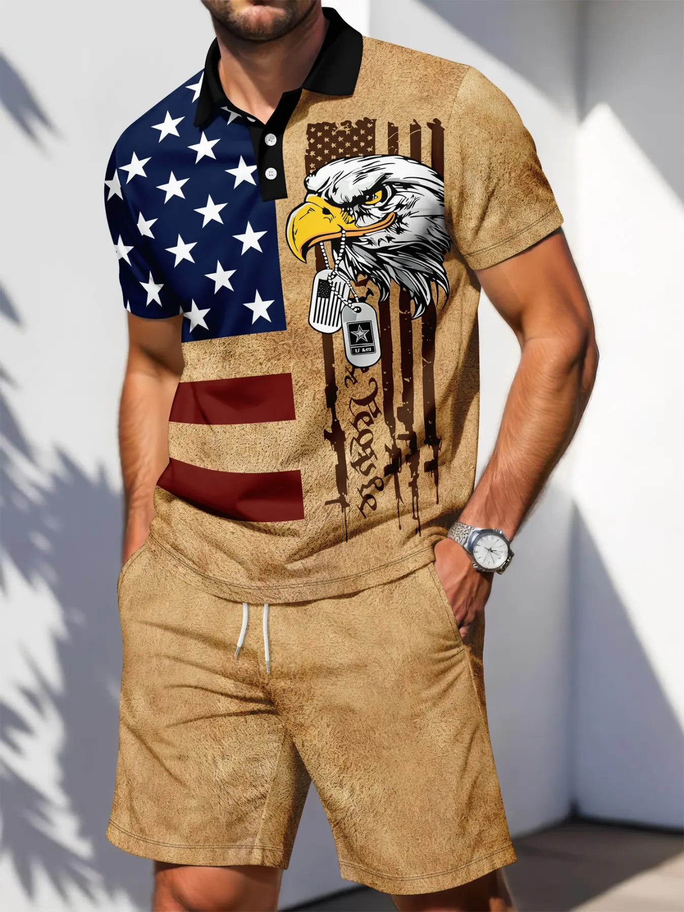 Men's Patriotic American Flag Eagle Polo Shirt & Shorts Set, Vintage Distressed "We The People" Print, 2-Piece Casual Breathable Festive Outfit for 4th of July Day & Summer, Menswear