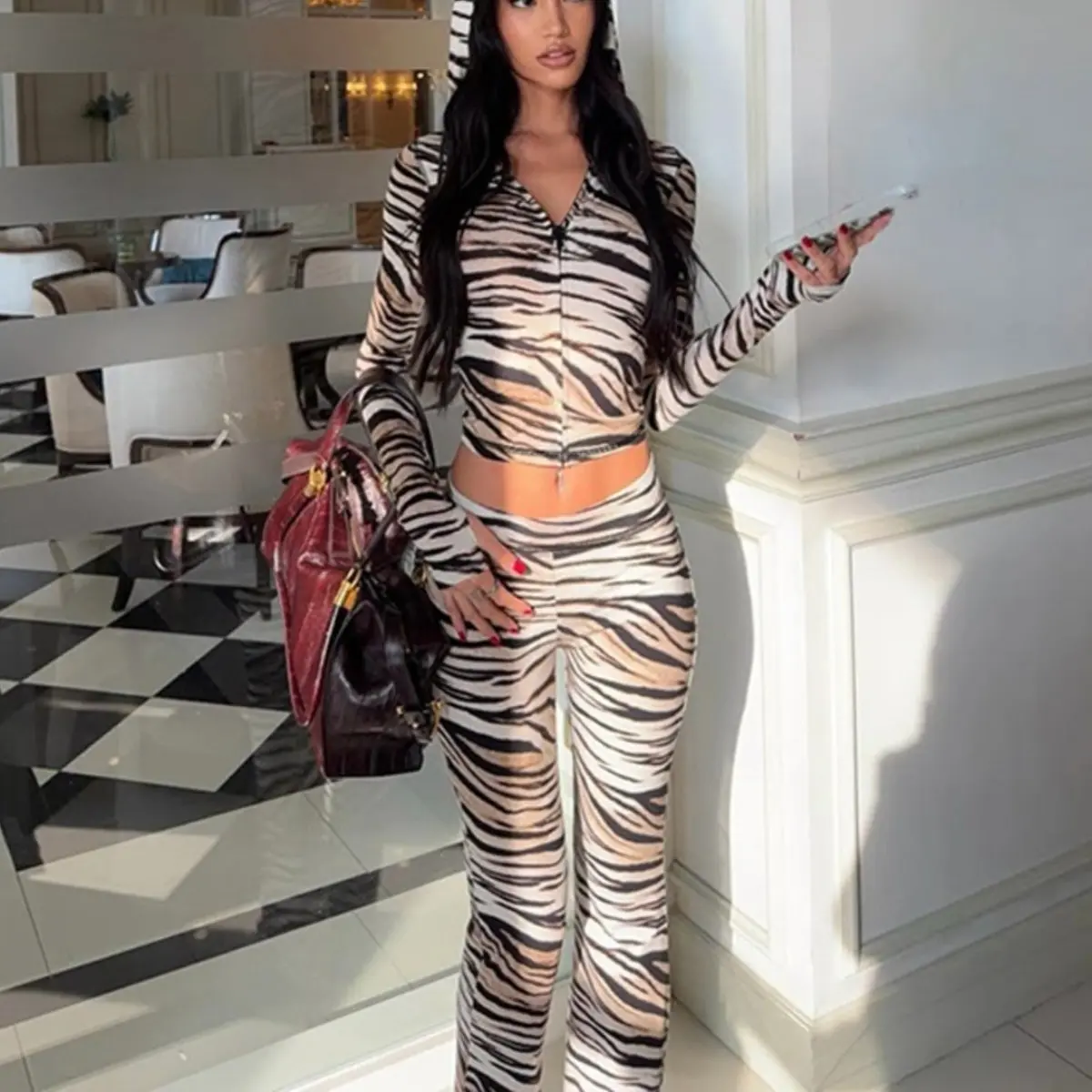 Women's zipper-front long-sleeved hooded sweater and fitted pants set - zebra print fabric