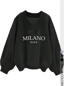 Women's Oversized V-Neck Long Sleeve Sweatshirt with "MILANO" Letter Print, Casual Top, Stylish Winter Garment Perfect for Daily Wear, Womenswear