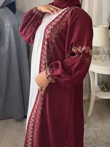Gold Embroidered Open Abaya - Maroon