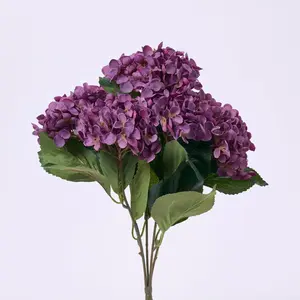 Plum Silk Hydrangea Blooms Faux Floral Bush Stem Bouquet - 17"