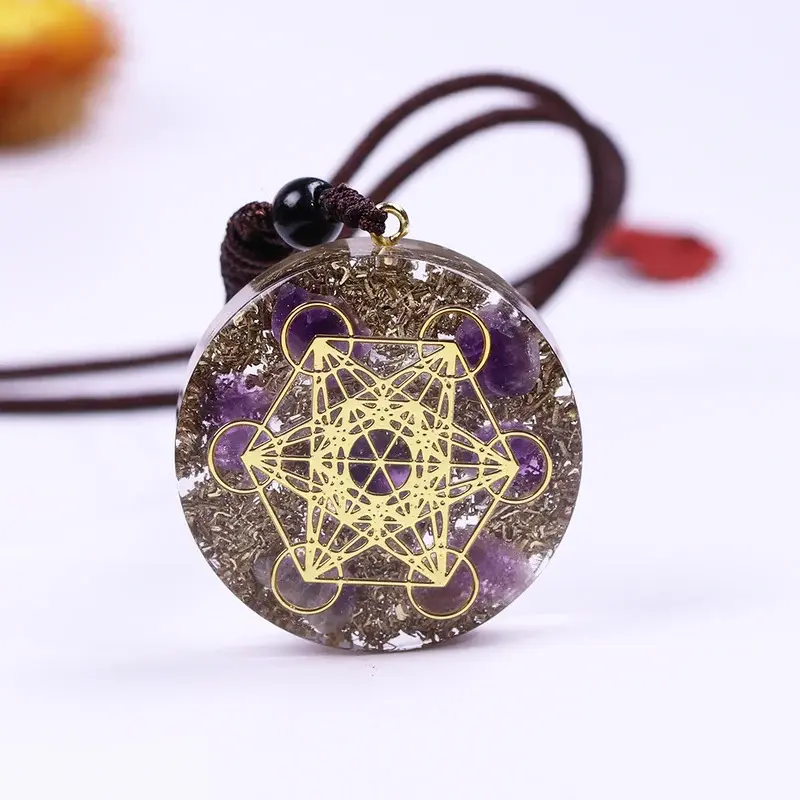 Unisex Orgonite Pendant Necklace with Metatron's Cube, Amethyst Gemstones and Crystals Resin Jewelry for Spiritual Energy, Crystal Pendant, Copper, 36*10Mm, Trends, Enhance Orgone Ability, Metal Plated Gold, Handcrafting, Anniversary, Repel Evil Spirits,,