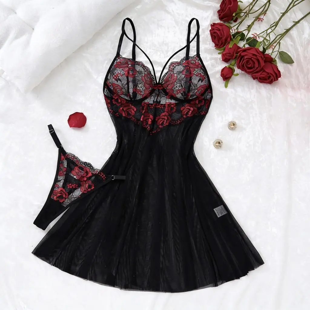 Women's Black Red Floral Lace V-neck Nightgown Set Elastic Waist