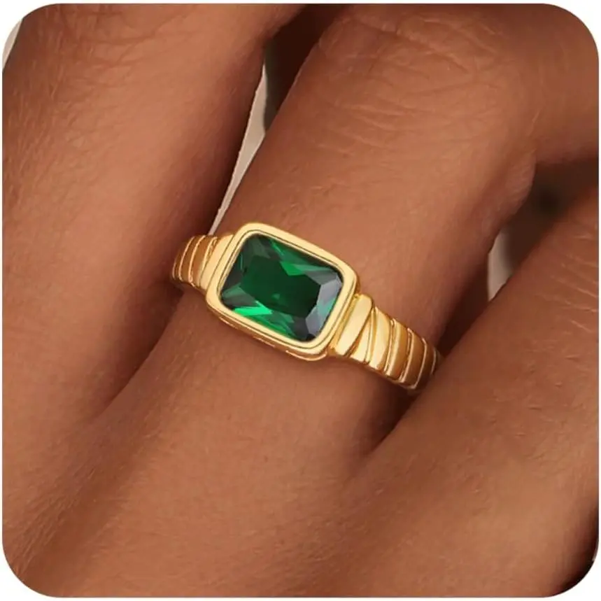 ZHESHY Birthstone Gold Rings for Women Non Tarnish Vintage Chunky Gemstone Emerald Rings 14K Gold Plated CZ Signet Thumb Rings Band Jewelry Gift for Birthday Size 6-11
