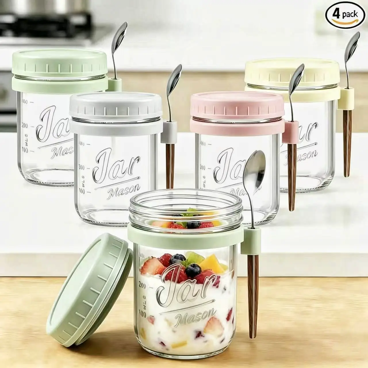 Oillase 4 Pack 16oz Glass Overnight Oats Jars with Airtight Lids & Spoons, Wide Mouth, Clear Scale, Leak-Proof, Refrigerator & Microwave Safe, Reusable for Oatmeal, Yogurt, Cereal, Fruit, Salad, Smoothies, Ideal for Office, School, Travel & Meal Prep