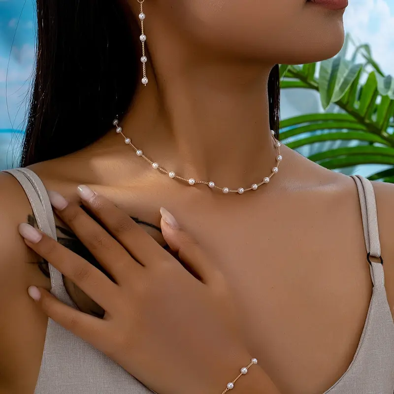 Women's Elegant Faux Pearls Decor Jewelry Set, Necklaces Set, Necklace and Earring Set, Luxury Niche Choker Necklace & Dangle Earrings & Bracelet, Exquisite Trendy Jewelry Set As Gift, Fashionable Jewelry Set for Party, Daily Decoration, Glamour Set
