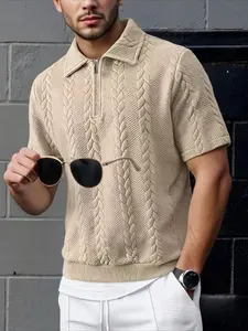 Men's All-Season Comfort Knit Pullover with Half Zip Front, Fitted Waist - Trendy Jacquard Design for Street Style & Daily Casual Wear