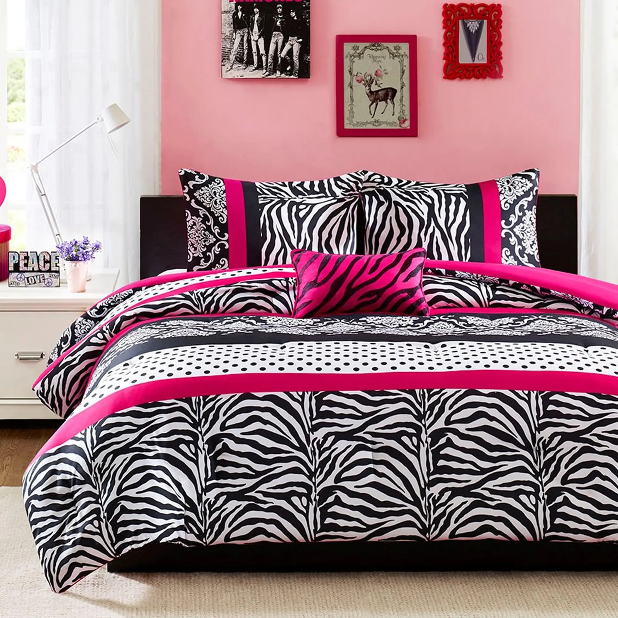Reagan 4-Pc Complete Bedding Set - King/Queen Size, Black and Pink Aesthetic Zebra Motif, Antibacterial All-Season, Polka Dot Layer, 2 Shams, Decorative Pillow, Machine-Wash Easy, Bedroom Decor (Black and Pink Bedding Sets Collections)