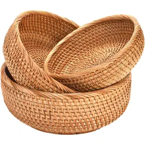 3 Pack Round Rattan Fruits Bread Baskets,  Hand-woven Wicker Fruit Serving Baskets Bowls for Candy, Snack, , Kitchen Countertop, 3 Size