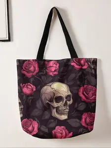 Skull Print Casual Tote Bag, Fashionable Shopping & Storage Bag, Perfect for Travel Essentials & Business Trips, All-Season Use, Halloween