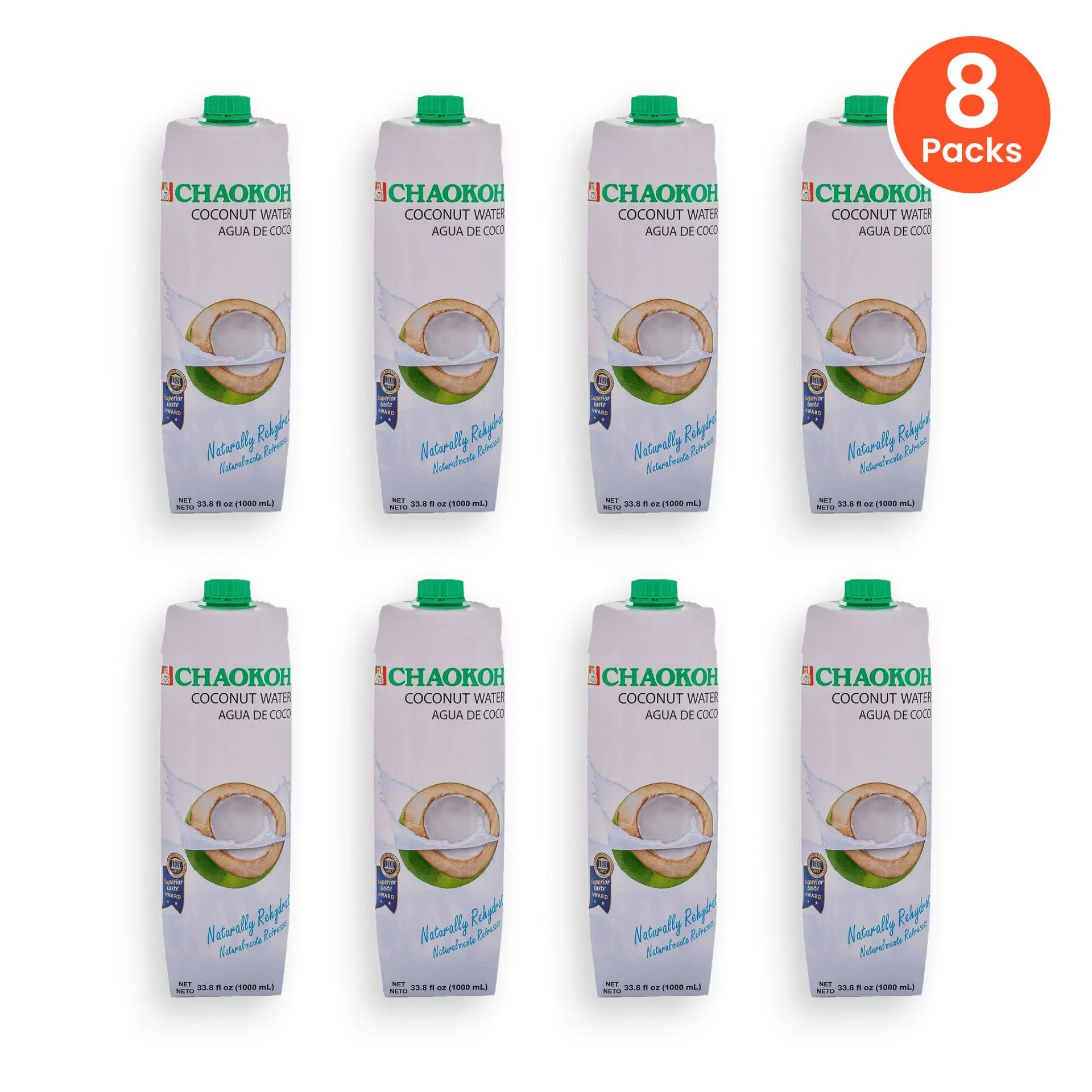 Chaokoh Coconut Water – Naturally Refreshing Thai Coconut Water, 33.8 fl oz (1000 mL), 8-Pack Bundle, Superior Taste Award