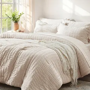 Beige Queen Comforter Set 7 Pieces, Seersucker Bed in a Bag for Bedroom, All Season Bedding Sets with 1 Comforter, 2 Pillow Shams, 2 Pillowcases, 1 Flat Sheet, 1 Fitted Sheet