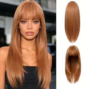 24 Inch Strawberry Blonde Long Layered  Hair Wig with Bangs  Straight Wavy  Hair Wig Premium Quality for Daily & Party Looks