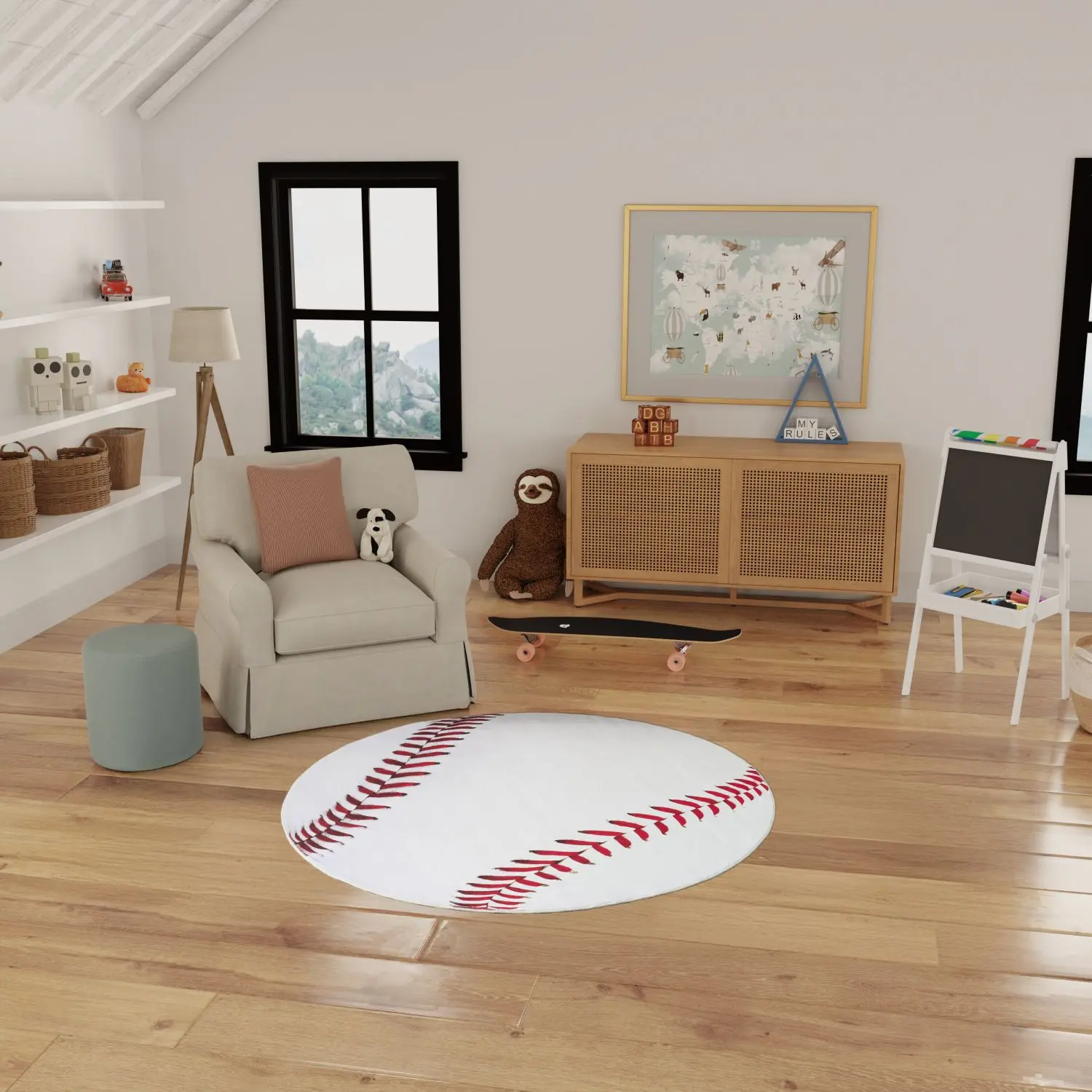 Nourison Imagination Round Area Rug - 5' Diameter, Round Shape, White, Baseball Stitch, Printed Textile, Sporty Look, Machine Washable, Non-Slip, Kids' Indoor Use
