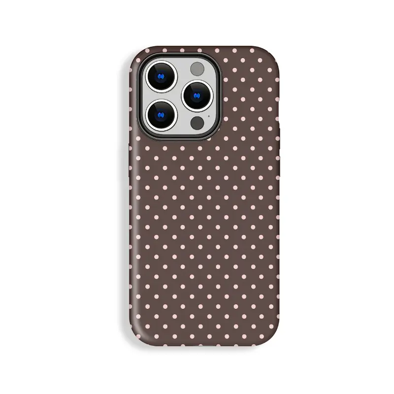 Stylish Brown Base White Polka Dot Dual-Layer Polycarbonate-TPU Cellphone Case, Durable Lightweight Shock-Absorbent Multi-Model Cover with Raised Bezels for iPhone 11/12/13/14/15/16/17 Pro, ProMax, Plus, Air Devices