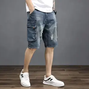 Men's trendy loose cargo-style denim shorts with multiple pockets for summer leisure, featuring a design and a five-point length