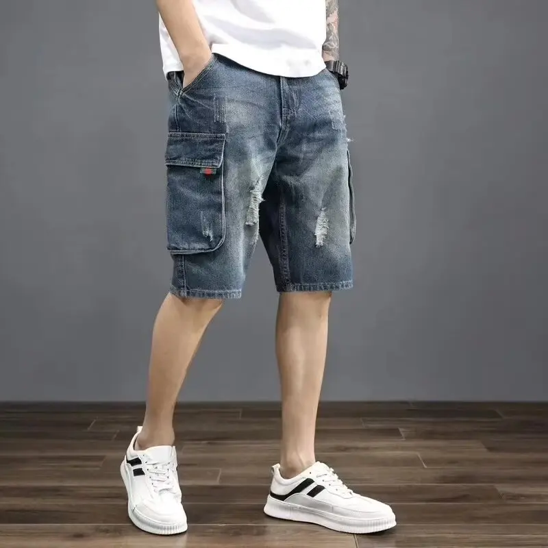 Men's Denim Shorts, Loose-Fit Cargo Style with Multiple Pockets, Casual 5-Point Length Summer Wear to Carry More Daily