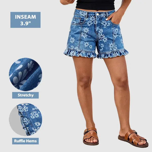 Flamingals Floral Print Stitch Front Ruffle Hem Mid Rise Denim Shorts Stretchy 3.9" Inseam Flamingals Floral Print Stitch Front Ruffle Hem Mid Rise Denim Shorts Stretchy 3.9" Inseam
