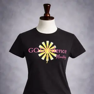 GODfidence Ministries T Shirt - Black/Gray Top Womenswear with Pink Logo and Yellow Flower Design