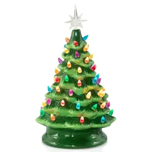 13 Inch Ceramic Christmas Tree Pre-lit Tabletop Christmas Tree with Multicolored LED Lights and Star Topper Battery Operated Vintage Lighted Ceramic Tree for Home Office Table Holiday Decorations