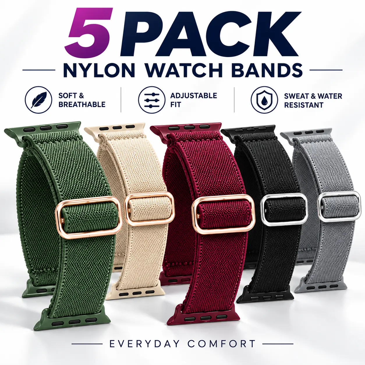 5-Pack Solid Color Stretchy Nylon Watch Bands for Women, Wearable Accessories with Multi-Sizes Fit, Soft Breathable Adjustable Sport Straps for Game/Workout, Lightweight Sweat-Resistant Smartwatch Replacements (38/40/41/42/44/45/46/49mm)