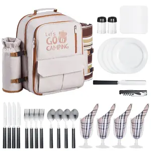 VEVOR Picnic Backpack, Beach Picnic Backpack Bag for 4 Person with Insulated Cooler Compartment, Detachable Bottle/Wine Holder, Lightweight Blanket, Plates Cutlery Set for Outdoor, Hiking, Camping