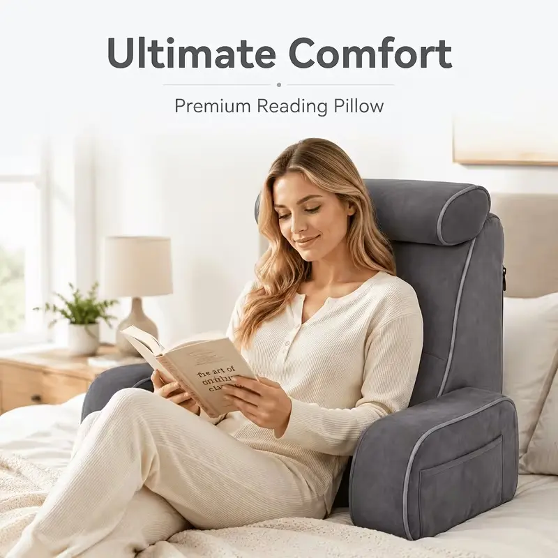 Adult Reading Pillow with Armrests & Removable Neck Support Bolster, High-Density Foam Backrest Cushion for Sitting in Bed, Washable Cover, Side Storage Pockets for Reading, Laptop Use, TV Watching & Relaxing, 19×18in Gray