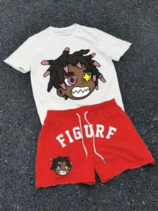 Summer Breathable Two-Piece Set, Cartoon Pattern Round Neck T-Shirt and Drawstring Shorts, Ideal for Outdoor Activities and Backpack Travel