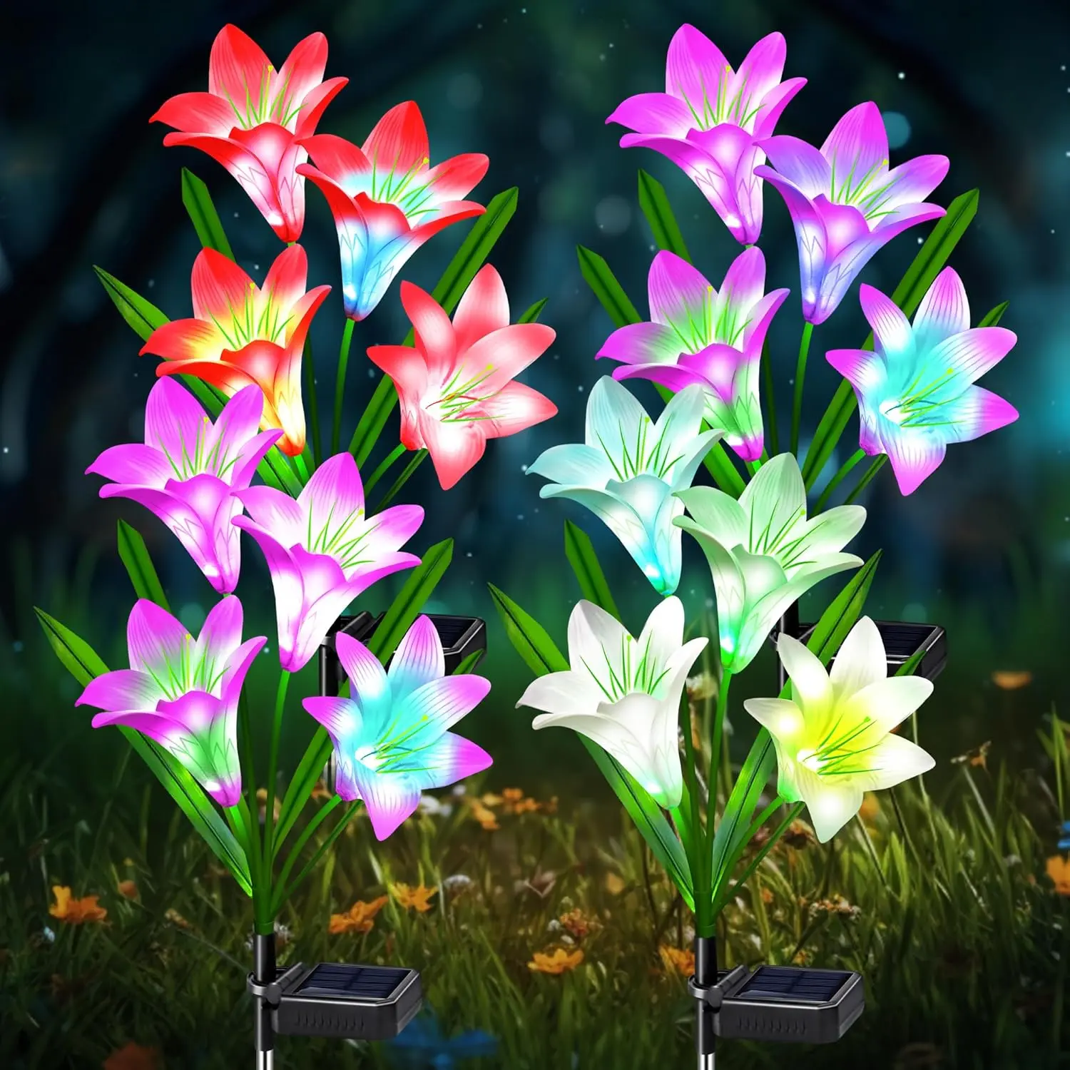 Solar Lights Outdoor Waterproof, 4 Pack Garden Decor Lights, 16 Multi-Color Changing Lily Solar Flowers for Yard Patio Pathway Decor, Gifts for Women Mom