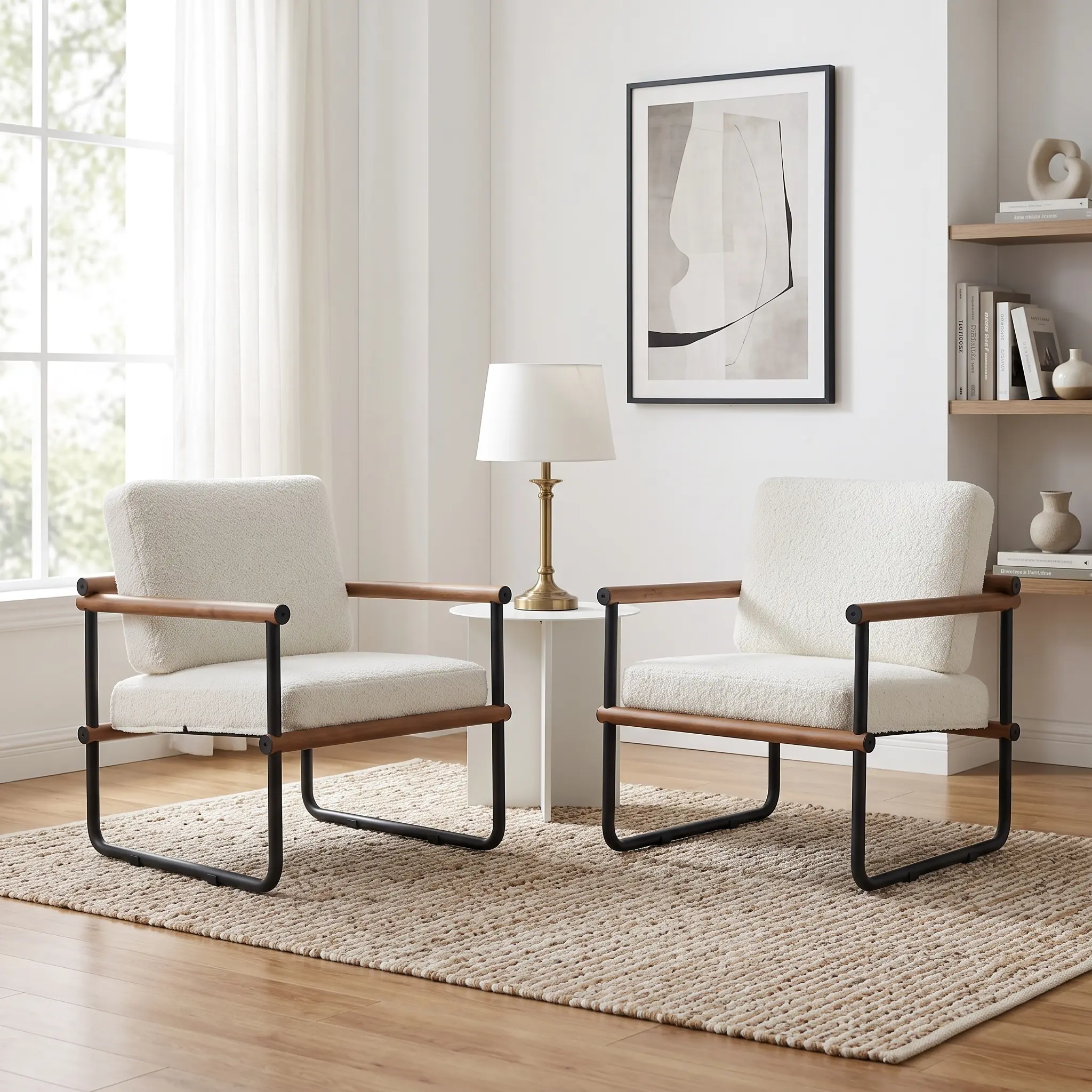 Nordic Minimalist Teddy Fleece Decorative Accent Chair, 2-Piece Cream White High Backrest Armchair with Solid Wood-Black Metal Frame, Soft Sherpa Fabric, Ergonomic Lumbar Pillow, Durable Modern Reading Chair for Living Room, Bedroom, Easy Assembly