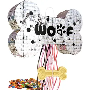 Dog Bone Pinata for Puppy Birthday Party Decorations, Pull String Pinata for Dog Themed Party Supplies, Silver Bones (16 x 10 x 3 inches)