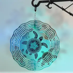 10 Inch Hanging Sea Turtle Wind Spinner Metal Garden Decor with Intricate Leaf and Flower Design in Soothing Blue and Green Hues Perfect for Spring Summer Fall Gift