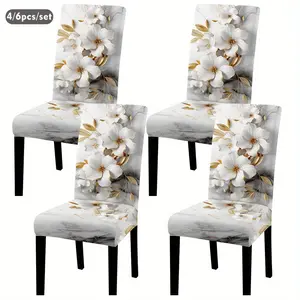 4/6pcs Classic Marble Pattern Gold Milk Fiber Fabric Floral Chair Cover, Removable and Washable Chair Cover Set, Soft Fit Elastic Seat Protection Cover, Suitable for Restaurant, Banquet Hall, Restaurant, Bedroom, Office, Living Room, Dormitory, Home Decor