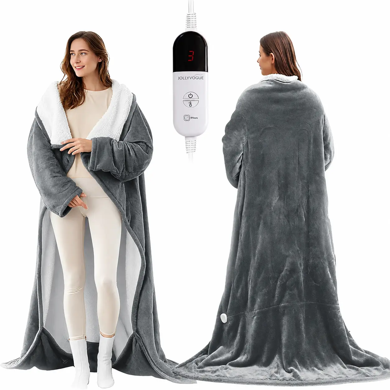 JOLLYVOGUE Wearable Heated Blanket - Heating Electric Blanket with Sleeves & Foot Pocket, Heated Throw for Adult, Birthday Gifts with 7 Heat Settings & Fixed 4h Auto Shut-Off, Home Office Use, Machine Washable