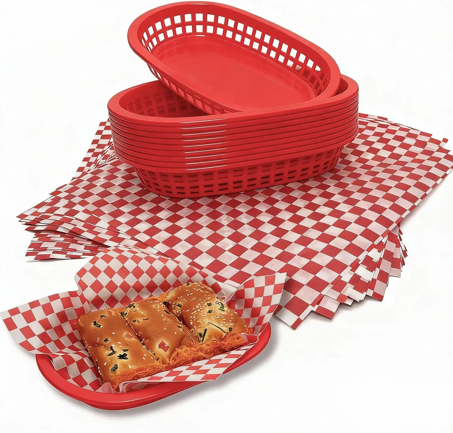 Fast Food Baskets with Checkered Deli Liners,10 Reusable Plastic Serving Baskets+100 Grease-Resistant 12" Papers,Burger&Hot Dog Tray Set for Parties, BBQ, Restaurants (Red Baskets)