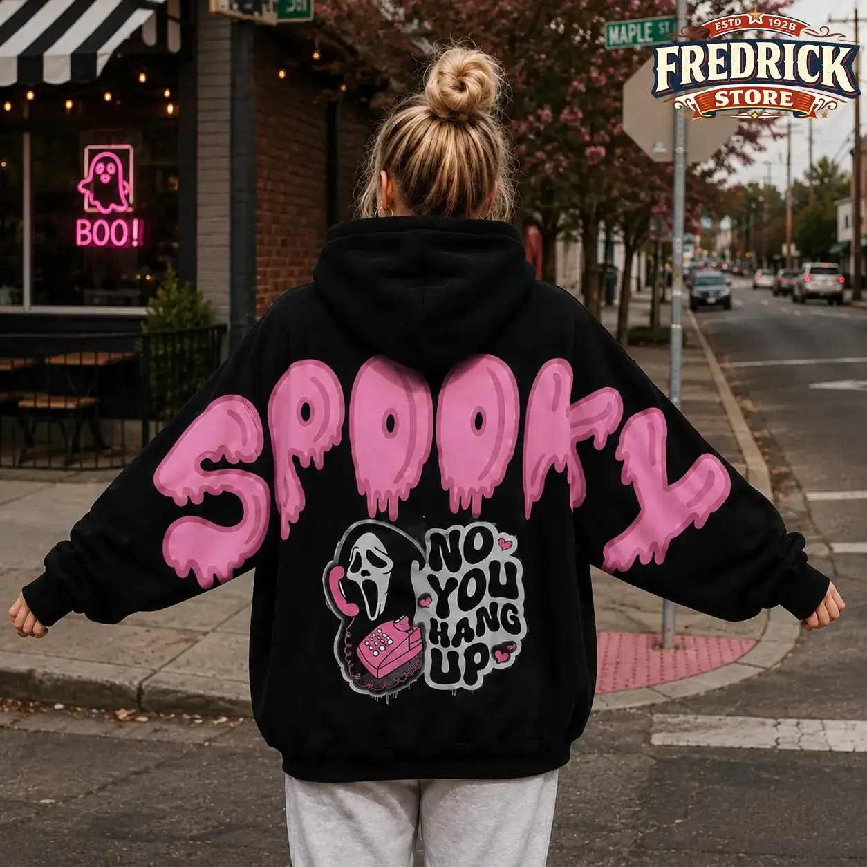 No You Hang Up Ghostface Pink Hoodie, Scary Movie Horror Hoodie Shoulder to Shoulder Back Lettering Graphic Pullover Spooky Season Halloween Gift for Him and Her Unisex Vibes Tee