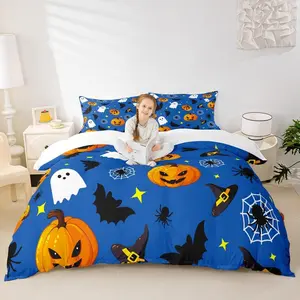Cute Pumpkin Duvet Cover Set,Halloween Theme Comforter Cover,Gothic Ghost Bats Spider Bedding Set for Kids Boy Girls Lightweight Bedspread Cover,No Comforter