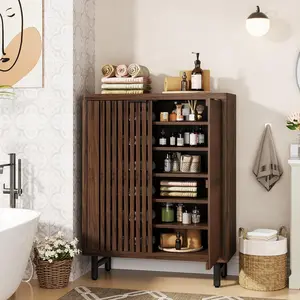 LITTLE TREE 6-Tier Bathroom Floor Cabinet with 2 Shutter Doors, Wooden Bathroom Storage Cabinet with Adjustable Shelves, Large Sideboard Cabient for Bathroom/Kitchen/Living Room,Dark Walnut