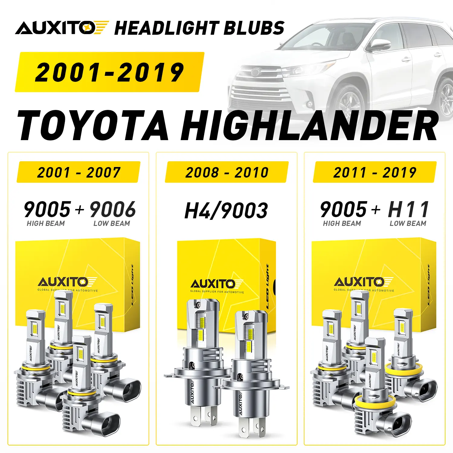 2001-2019 Toyota Highlander AUXITO LED Headlight Bulbs, 9005 High Beam & 9006 Low Beam (2001-2007), H4/9003 (2008-2010),9005 High Beam & H11 Low Beam (2011-2019), 30000LM 6500K Cool White, Anti-glare,CANBUS Ready,No error,No Flickering, Plug and Play