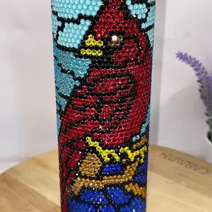 Cardinal stain-glassed themed Glass Rhinestone 20 Ounce Tumbler - Hand-glued Glass Rhinestones, Two Screw-on Lids, Sliding Lid with Straw, Water Bottle Sip Lid, Range of Dazzling Colors & Patterns - Tumblers, Drinkware Cup Stylish Reusable Washable drinkw